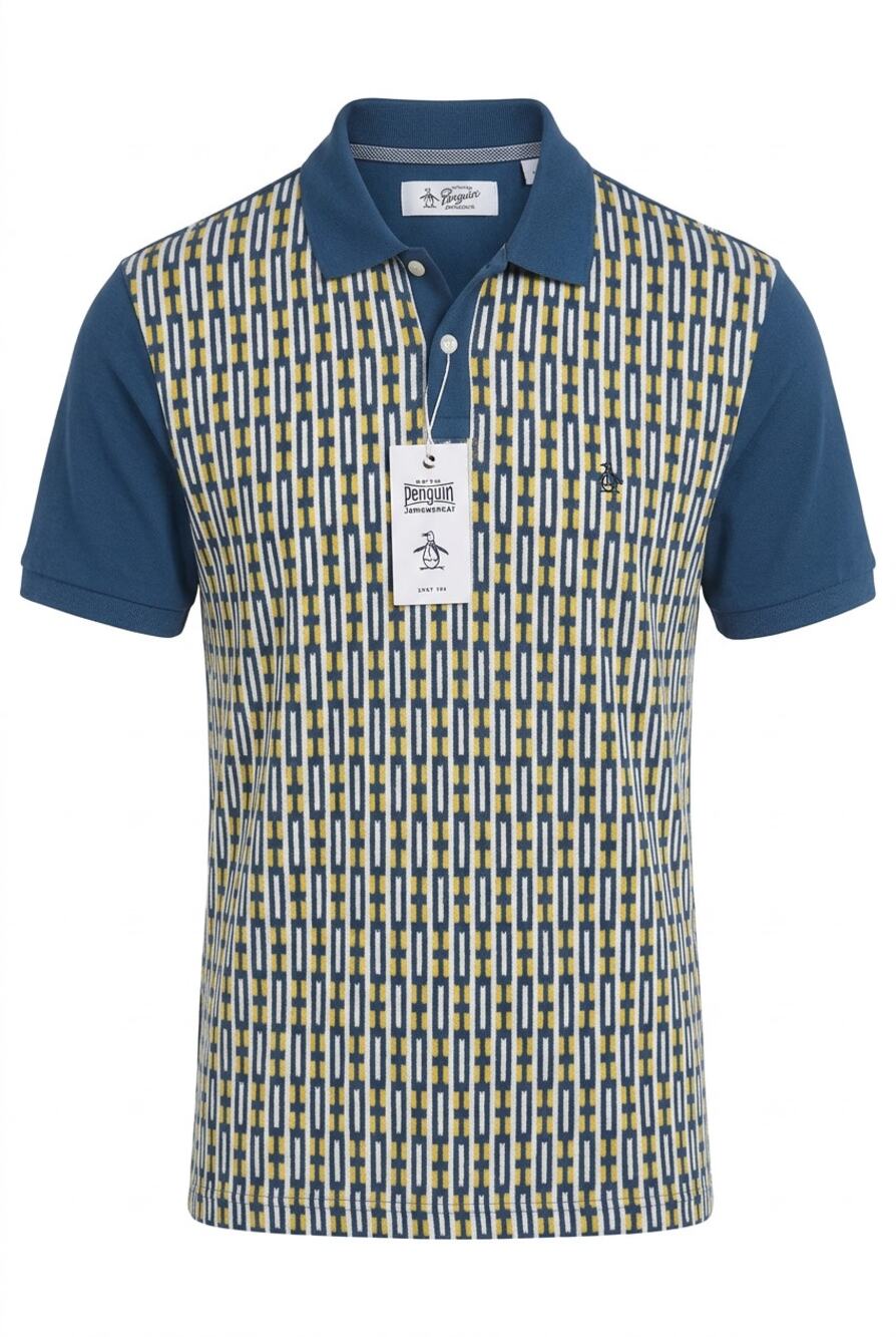 NWT Original Penguin Men M Geo Jacquard Polo Blue Wing Teal Knit Shirt